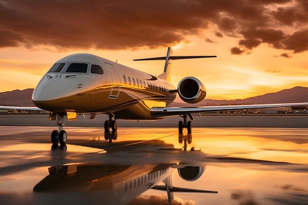 Luxuriöser Privatjet, der während des Sonnenuntergangs auf dem Asphalt geparkt ist, mit goldenen Reflexionen auf dem Flugzeugrumpf