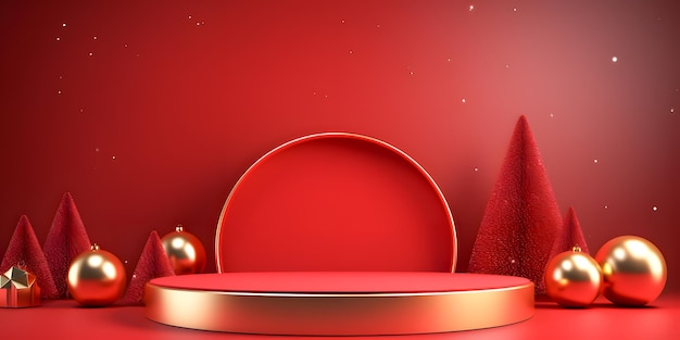 Foto luxuriöser roter podiumsboden mit weihnachtsdekoration hintergrundprodukt-mockup-stand urlaub neujahr