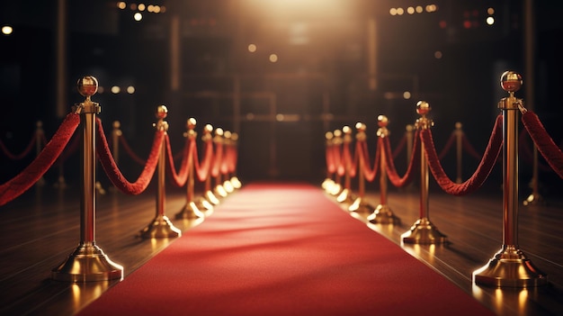 Luxuriöser roter Teppich mit goldenen Stangen und roten Seilen Ideal für Veranstaltungen und VIP-Eingänge