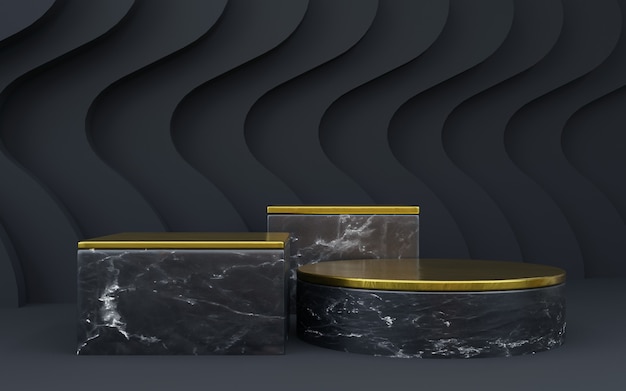Luxuriöser schwarzer geometrischer Hintergrund mit drei Ebenen für Produktpräsentationen. 3D-Rendering.