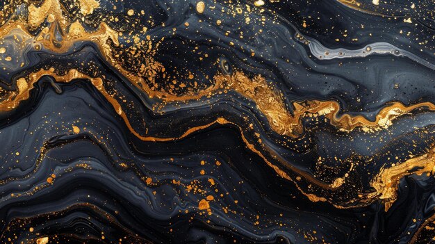 Luxuriöser schwarzer und goldener Marmor abstrakte Acrylfarbe Gießen Textur AI Generative