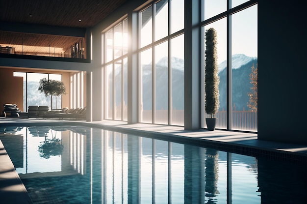 Luxuriöser Swimmingpool in einem Spa-Hotel mit großen Fenstern und schöner Aussicht