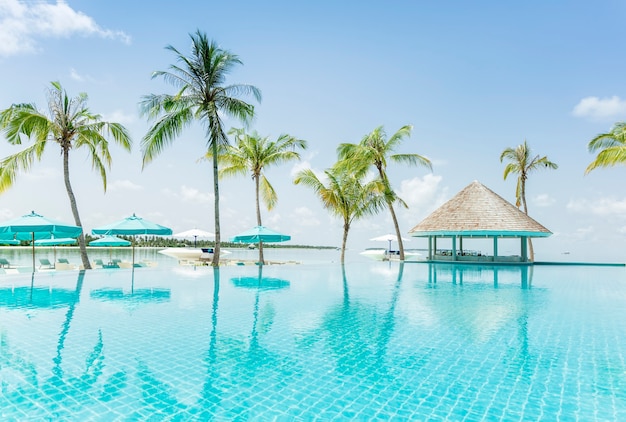 Luxuriöser tropischer Swimmingpool mit Palmen und Reflexion