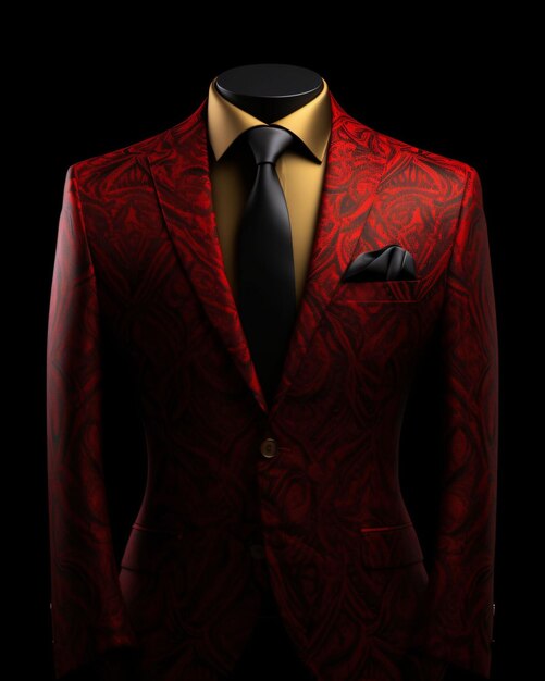 Luxuriöser und eleganter roter Herrenanzug mit abstraktem Motiv isoliert auf schwarzem Hintergrund. Generative KI