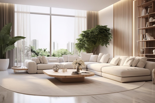 Luxuriöser Wohnraum mit Zimmerpflanzendekor. Minimal elegante Innenarchitektur
