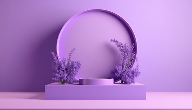 Luxuriöses 3D-Podium mit Pflanzen und Lavendelfarbe. Moderner Mockup-Kopierraum