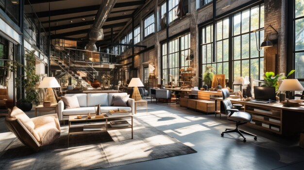 Luxuriöses Arbeitsbüro mit modernem Innendesign im Industrie-Loft-Stil