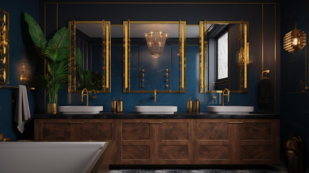 Luxuriöses Art-Deco-Badezimmer, dunkelblaue Wände, Marmorwaschbecken, Spiegel mit Goldrahmen. Modernes, klassisches Interieur