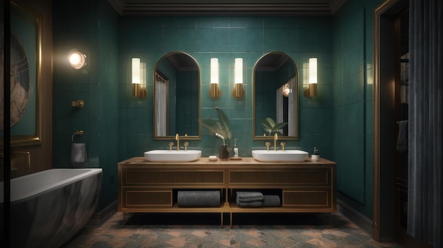 Luxuriöses Art-Deco-Badezimmer, smaragdgrüne Wände, Marmorwaschbecken, goldgerahmte Spiegel, freistehende Badewanne. Modernes, klassisches Interieur