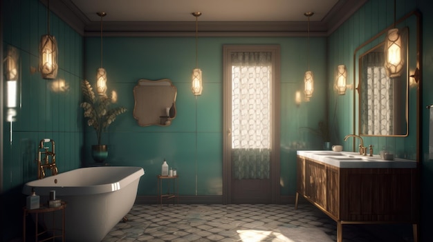 Luxuriöses Art-Deco-Badezimmer, smaragdgrüne Wände, Marmorwaschbecken, Spiegel mit Goldrahmen, freistehende Badewanne