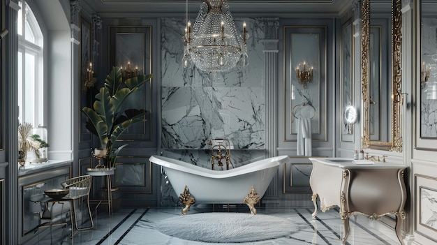 Luxuriöses Badezimmer mit Kristallleuchter, Klauffußbecken, goldenen Armaturen und Marmorbänken für einen glamourösen Rückzug