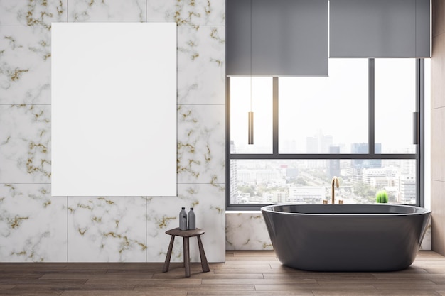 Luxuriöses Badezimmer mit leerem Poster an der Marmorwand