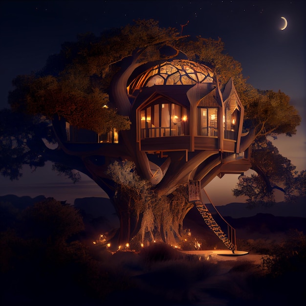 Luxuriöses Baumhaus im Wald 3D-Darstellung
