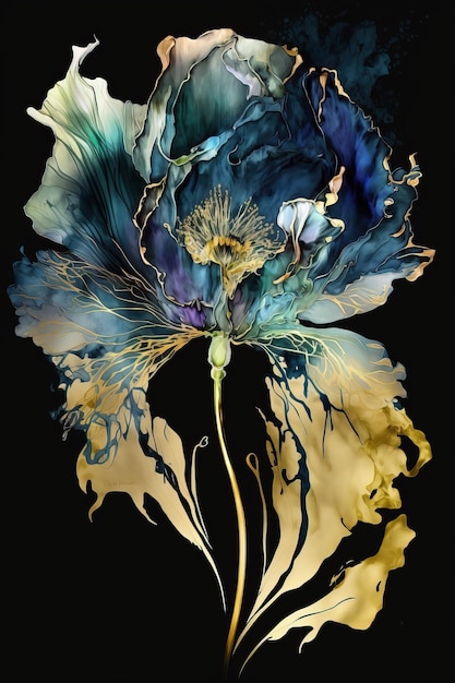 Luxuriöses Blumenmuster in Weiß, Blau und Gold mit dicken Farblinien. Generative Ai