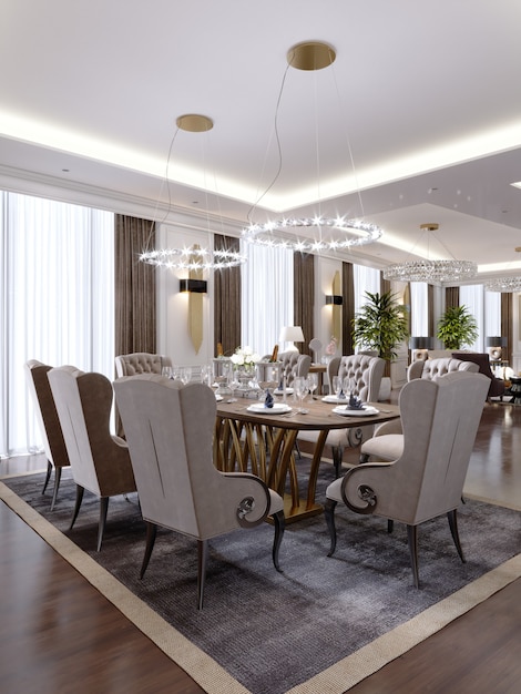 Luxuriöses Esszimmer mit großem Tisch und weichen Stühlen in einem klassischen Apartment. 3D-Rendering.