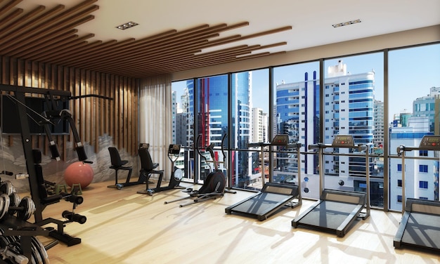 Luxuriöses Fitnesscenter mit Krafttrainings-, Lauf-, Yoga- und Meditationsgeräten