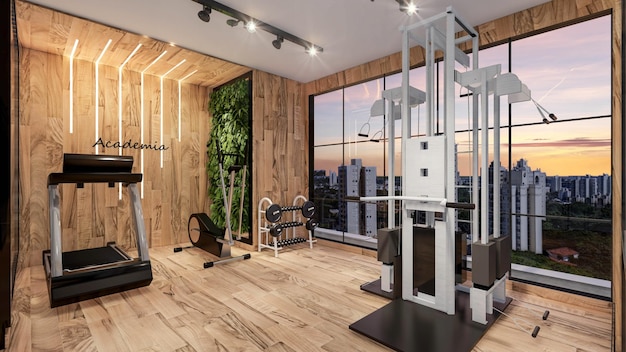 Foto luxuriöses fitnesscenter mit krafttrainings-, lauf-, yoga- und meditationsgeräten