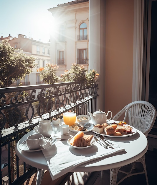 Luxuriöses Frühstück auf dem Balkon mit einer wunderschönen Stadtlandschaft im Hintergrund Generative Ai