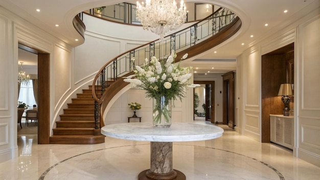 Luxuriöses großes Eingangsfoyer mit Marmorboden und elegantem Kronleuchterdesign
