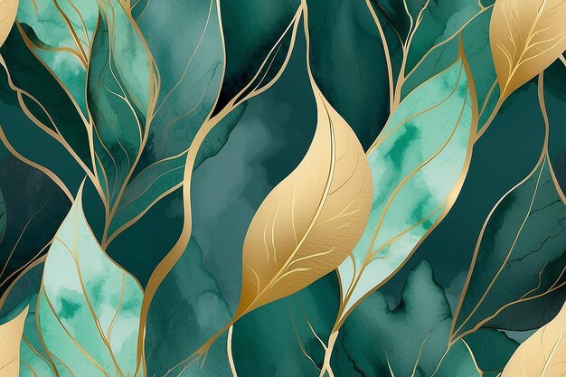 Luxuriöses grünes Aquarell mit goldenen Linien, nahtlosem abstraktem Blattmuster und eleganter flüssiger Marmorstruktur für moderne Tapeten