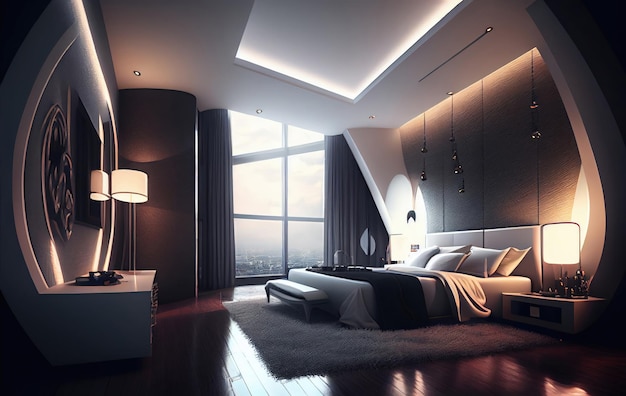 Luxuriöses Hotelzimmer Modernes Schlafzimmerinterieur mit einem großen Fenster Generative KI-Illustration