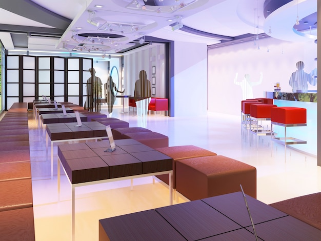 Luxuriöses Interieur des Restaurants im modernen zeitgenössischen Stil mit Bartheke in Rot- und Lilatönen. 3D-Rendering