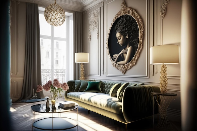 Luxuriöses Interieur des Wohnzimmerdesigns mit eleganten Möbeln