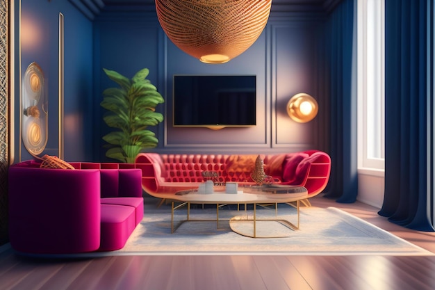 Luxuriöses Interieur des Wohnzimmers, 3D-Rendering, ai generiert