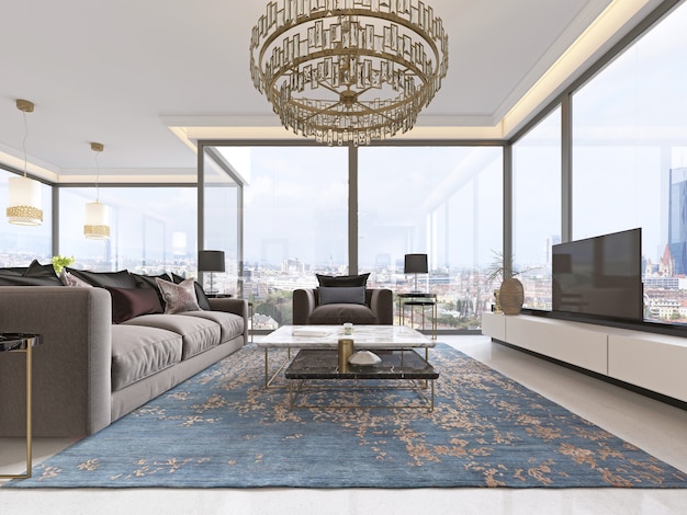 Luxuriöses Interieur des Wohnzimmers im zeitgenössischen Stil mit TV-Gerät, Sofa, Sesseln, Couchtisch und Esstisch mit Küche. 3D-Rendering.