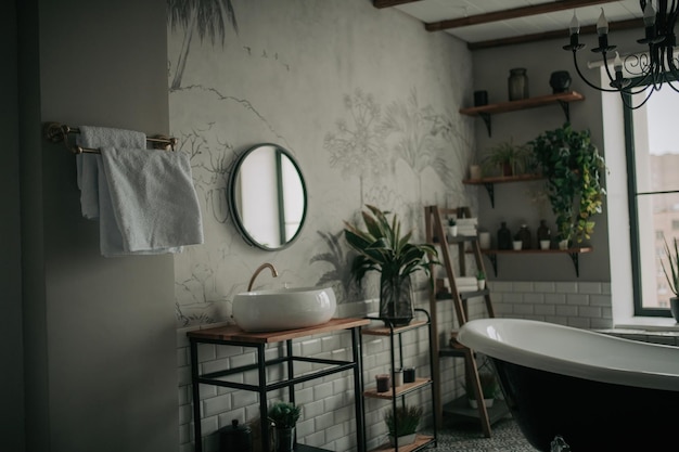 Luxuriöses Interieur eines großen Badezimmers im modernen afrikanischen Stil mit ovaler Badewanne in natürlicher Beleuchtung