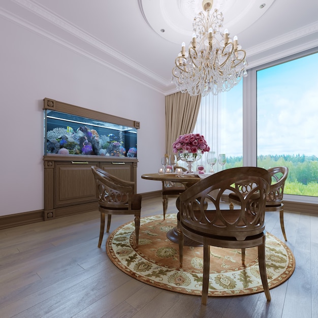 Luxuriöses klassisches Interieur von Esszimmer, Küche und Wohnzimmer mit braunen Möbeln und Kristallleuchtern. 3D-Rendering