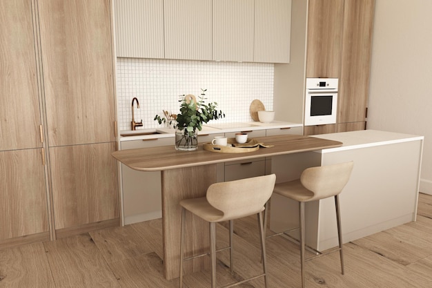 Luxuriöses Kücheninterieur mit Holzbodeninsel und Stehtisch mit Hockern 3D-Darstellung