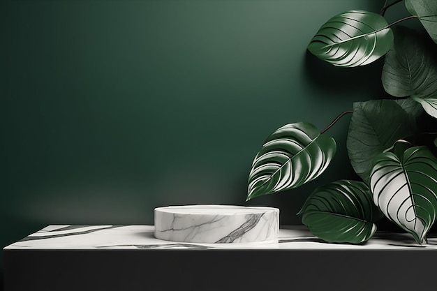 Luxuriöses leeres Produkt-Marmor-Stein-Podium und waldgrüne Blätter auf dunklem Hintergrund