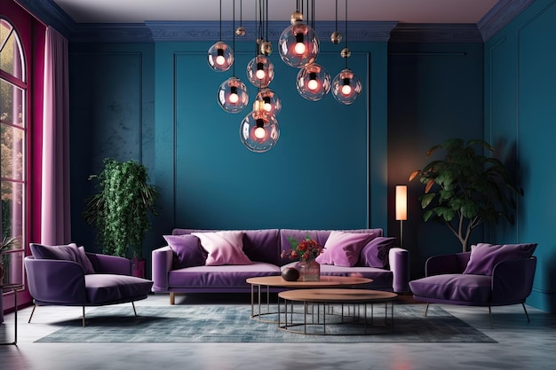 Luxuriöses lila Wohnzimmer mit elegantem Kronleuchter Generative AI