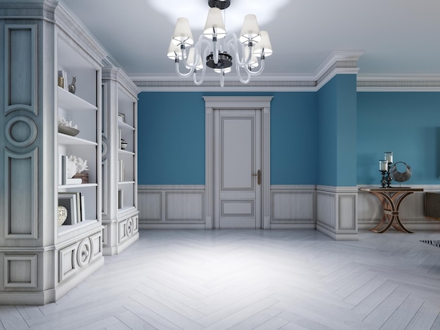 Luxuriöses Luxus-Wohnzimmer mit Holzvertäfelung an den Wänden mit goldenen Akzenten, blauen Möbeln, braunen Wänden. 3D-Rendering