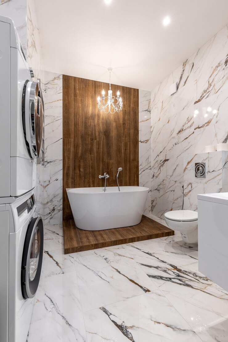 Foto luxuriöses marmorbad mit freistehender badewanne