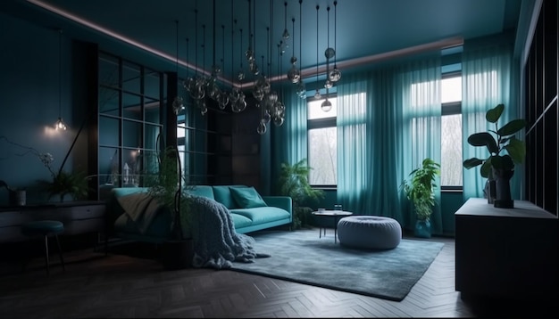 Luxuriöses, modernes Apartment mit elegantem blauem Dekor, das von KI generiert wurde