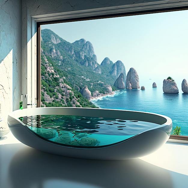 Luxuriöses, modernes Badezimmer, Badewanne, Glas-Innenarchitektur, KI-generiertes Bild