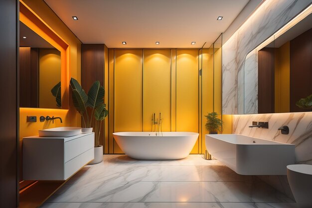 luxuriöses modernes Badezimmer mit Badewanne und orangefarbener Wand