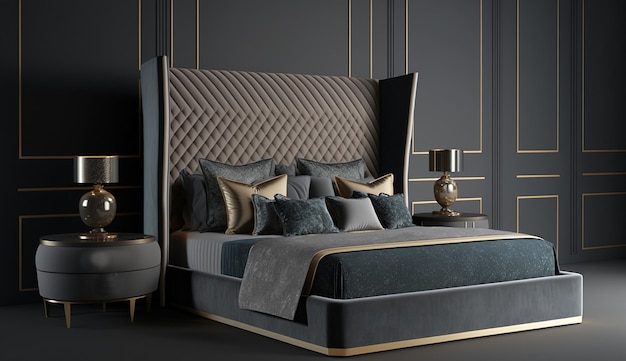 Luxuriöses, modernes Hauptschlafzimmer-Bettrahmen-Innendesign AI-generiertes Bild