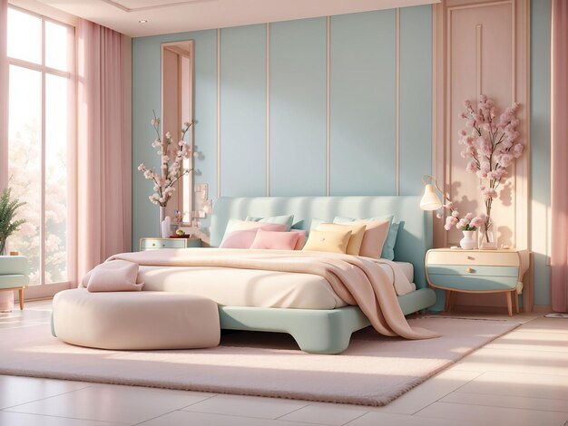 Luxuriöses modernes Hauptschlafzimmer in hellen Farben in Pastellfarben 3D-Rendering