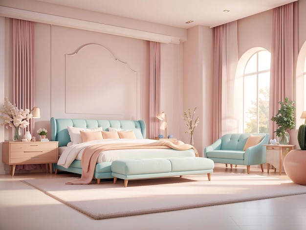 Luxuriöses modernes Hauptschlafzimmer in hellen Farben in Pastellfarben 3D-Rendering