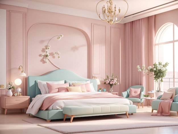 Luxuriöses modernes Hauptschlafzimmer in hellen Farben in Pastellfarben 3D-Rendering