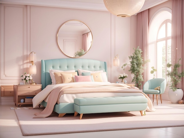 Luxuriöses, modernes Hauptschlafzimmer in hellen Farben in Pastellfarben, 3D-Rendering