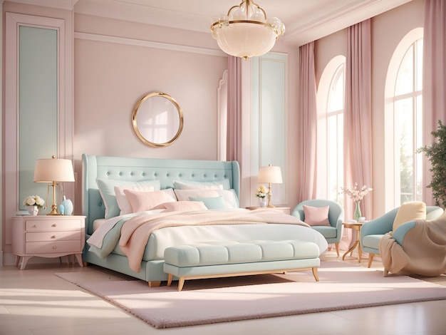 Luxuriöses, modernes Hauptschlafzimmer in hellen Farben in Pastellfarben, 3D-Rendering