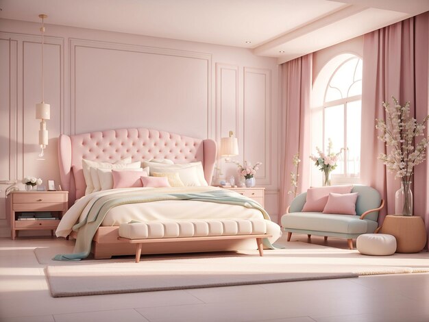 Luxuriöses, modernes Hauptschlafzimmer in hellen Farben in Pastellfarben, 3D-Rendering