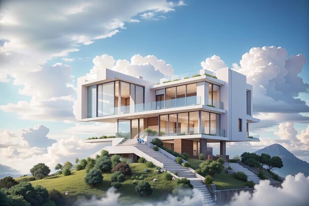 Luxuriöses, modernes Haus in den Wolken, Traumhaus, 3D-Renderdarstellung