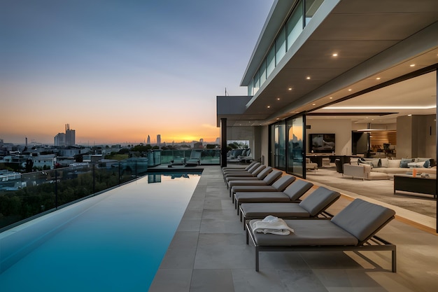 Luxuriöses modernes Haus mit atemberaubendem Pool und Stadtbild