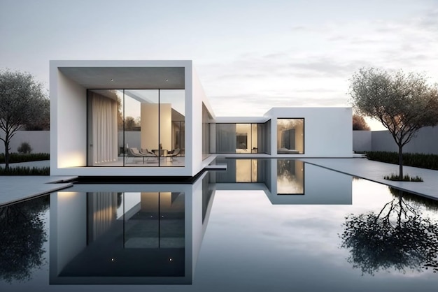 Luxuriöses modernes Haus mit minimalistischer zeitgenössischer Außenarchitektur mit Schwimmbad