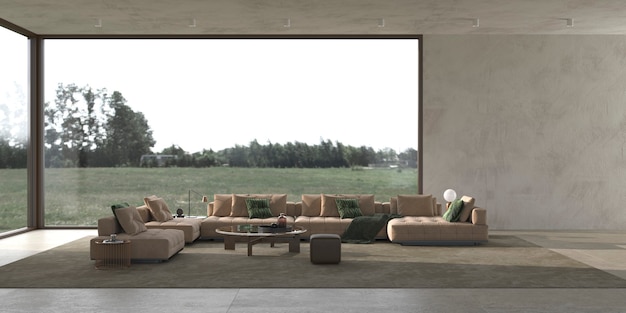 Luxuriöses modernes helles Wohnzimmer-Innendesign und Naturwaldansicht 3D-Rendering-Illustration